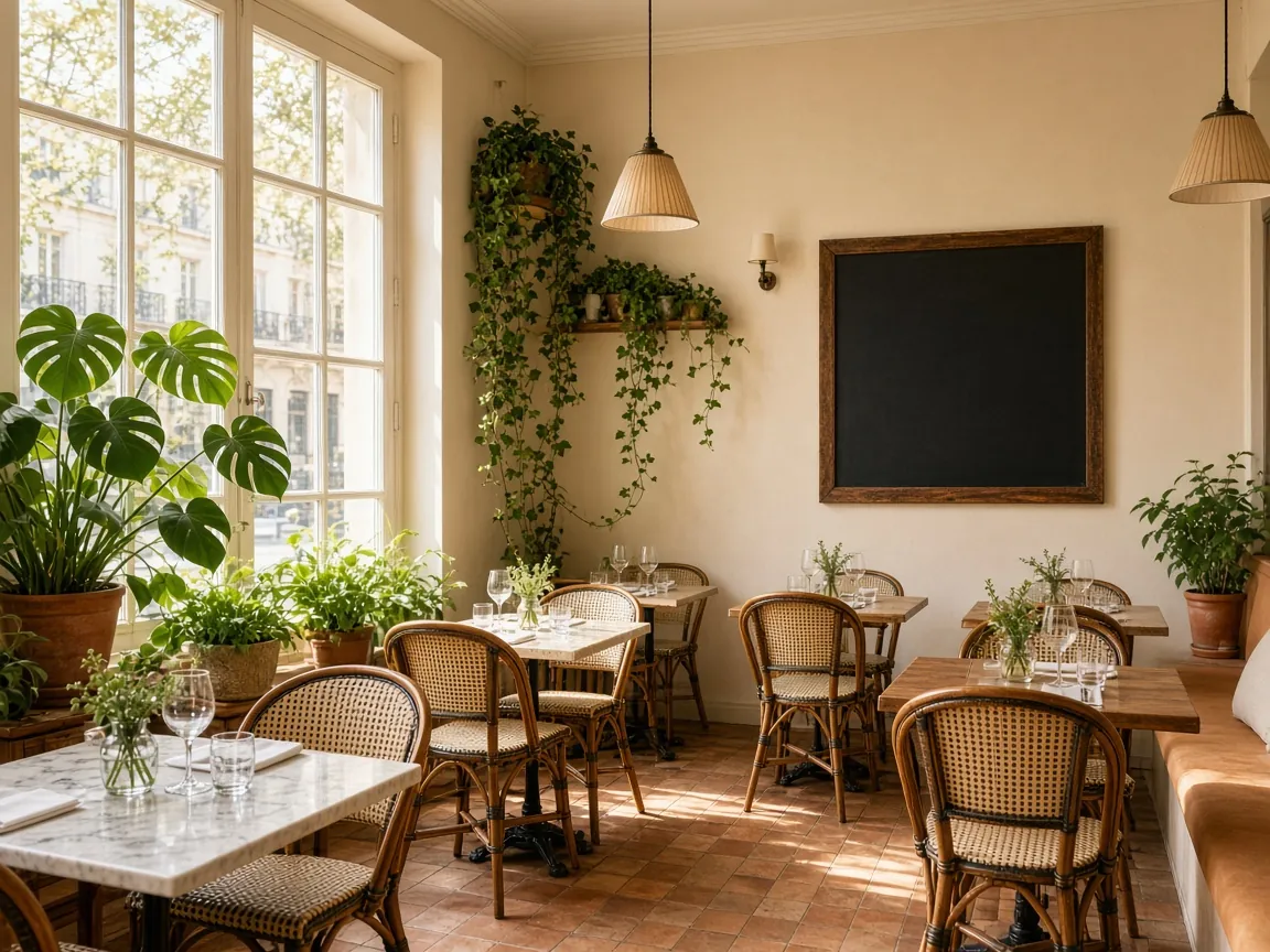 Salle d’un bistrot, tables dressées pour le service.